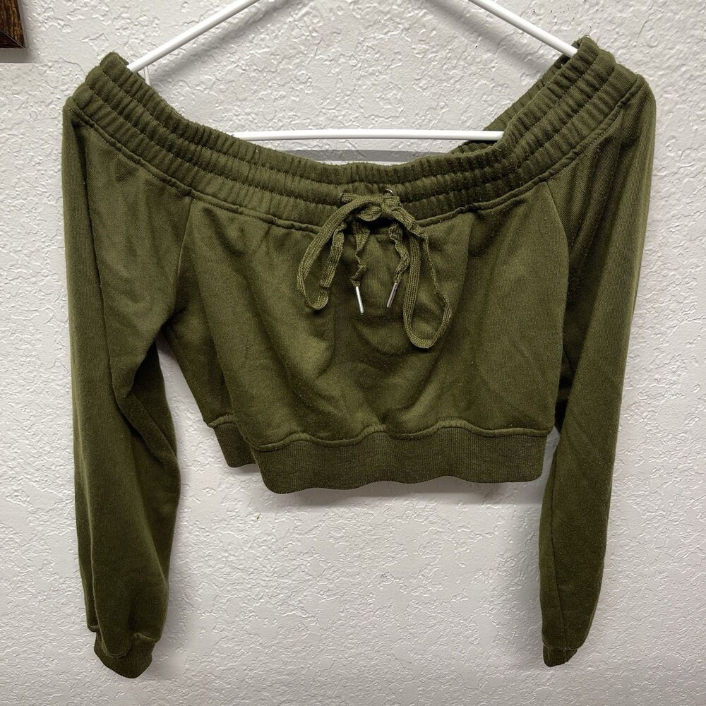 Better Be Women’s M Khaki Olive Green Off The Shoulder Cropped Sweatshirt